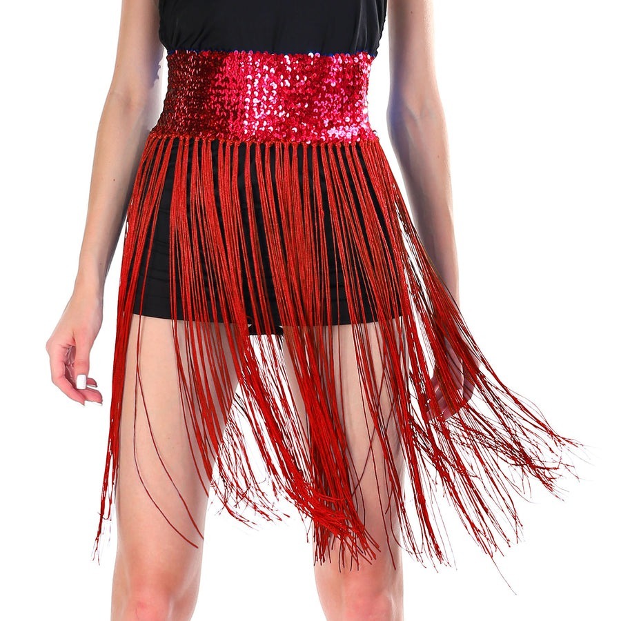 Sequin Belt w/Fringe Skirt 20s Flapper Dance Costume Party  - Red-0