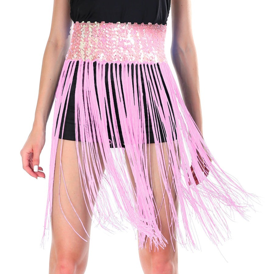 Sequin Belt w/Fringe Skirt 20s Flapper Dance Costume Party - Light Pink-1