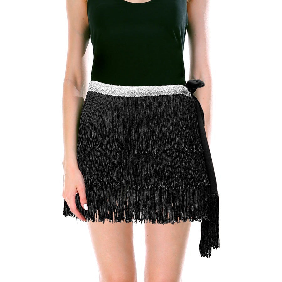 Adult Fringe Skirt Tassel Womens Dance Costume Party in Black-1