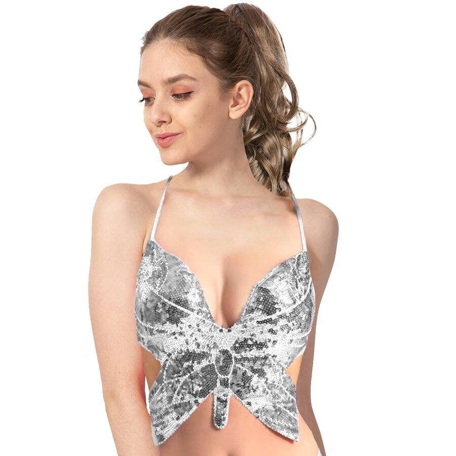 Adult Sequin Butterfly Top w Ribbon Ties Costume Party in Silver-0