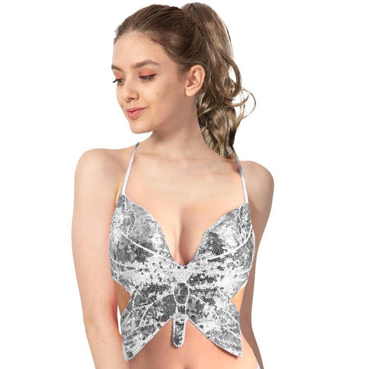 Adult Sequin Butterfly Top w Ribbon Ties Costume Party in Silver-0