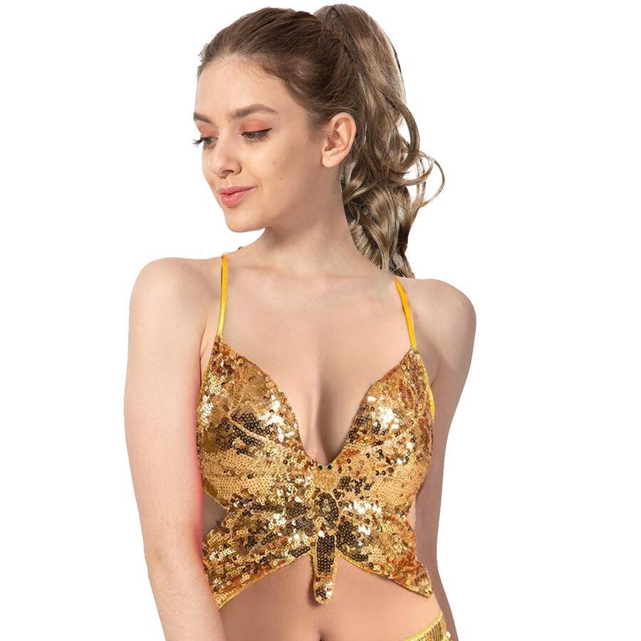 Adult Sequin Butterfly Top w Ribbon Ties Costume Party in Gold/Yellow-0