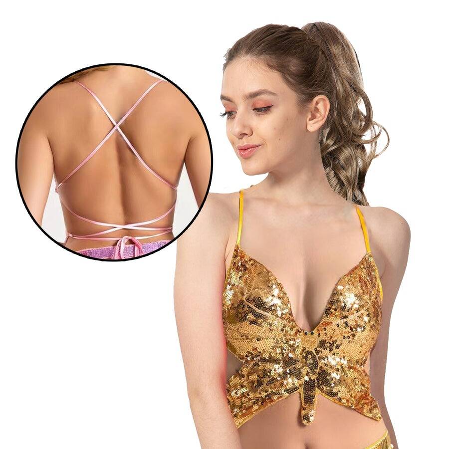 Adult Sequin Butterfly Top w Ribbon Ties Costume Party in Gold/Yellow-2