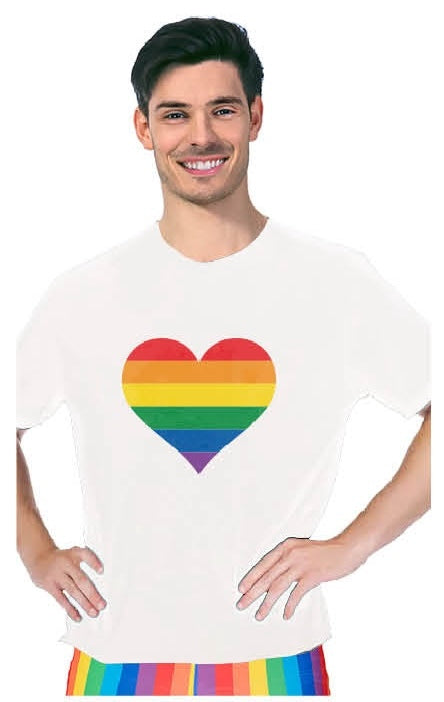 Adult Rainbow Flag T Shirt Top Tee Gay Pride LGBTQ Love Heart - White - One Size-0