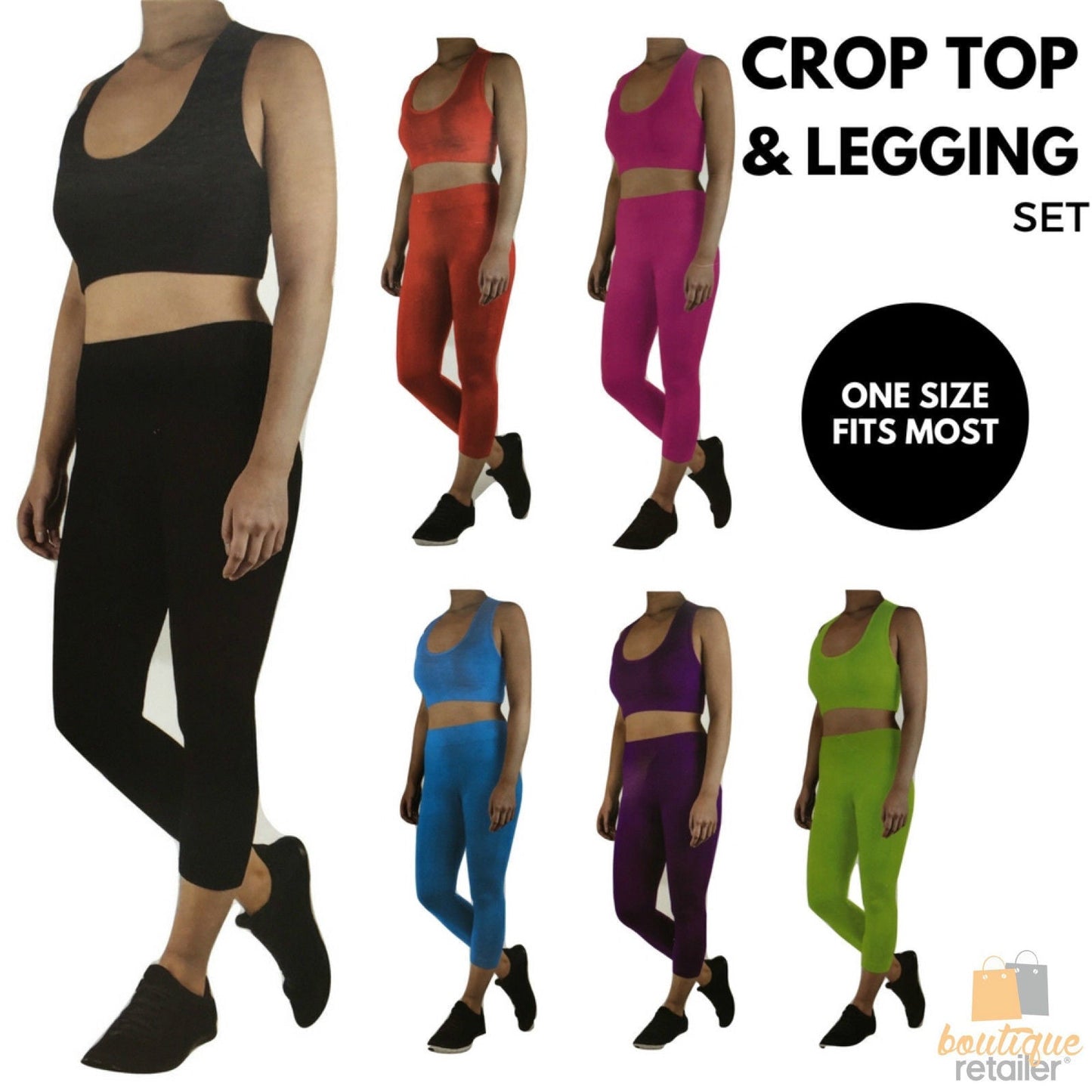Womens Crop Top Leggings Set Stretch Gym Yoga Party Outfit - Black