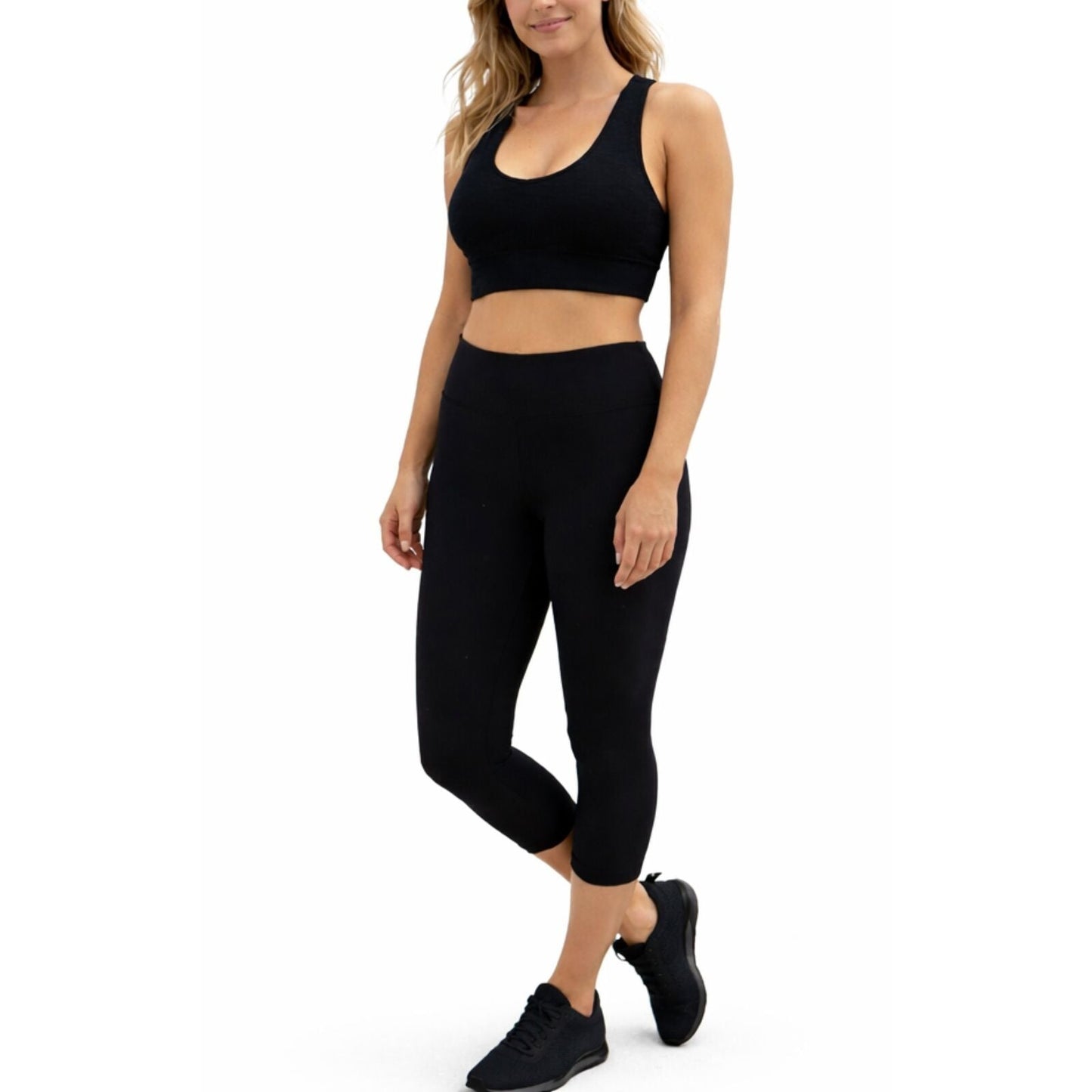 Womens Crop Top Leggings Set Stretch Gym Yoga Party Outfit - Black