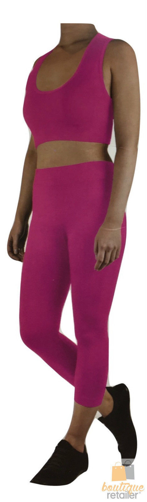 Womens Crop Top Leggings Set Stretch Gym Yoga Party Outfit - Hot Pink