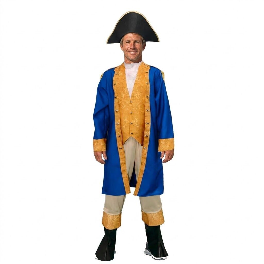 Adult Historical President Costume Colonial Jacket Hat Set - Blue Gold