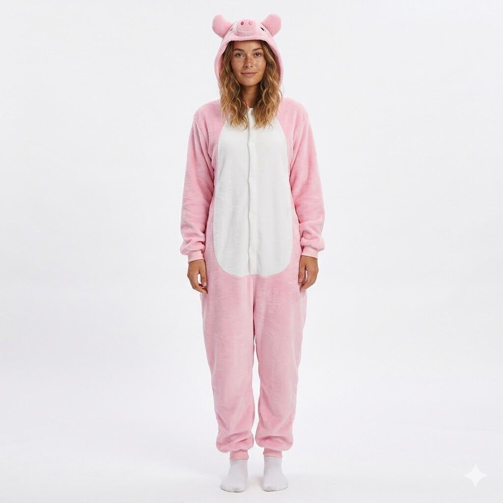Adult Pink Piggy Bodysuit Costume Pink Hooded Jumpsuit with Tail