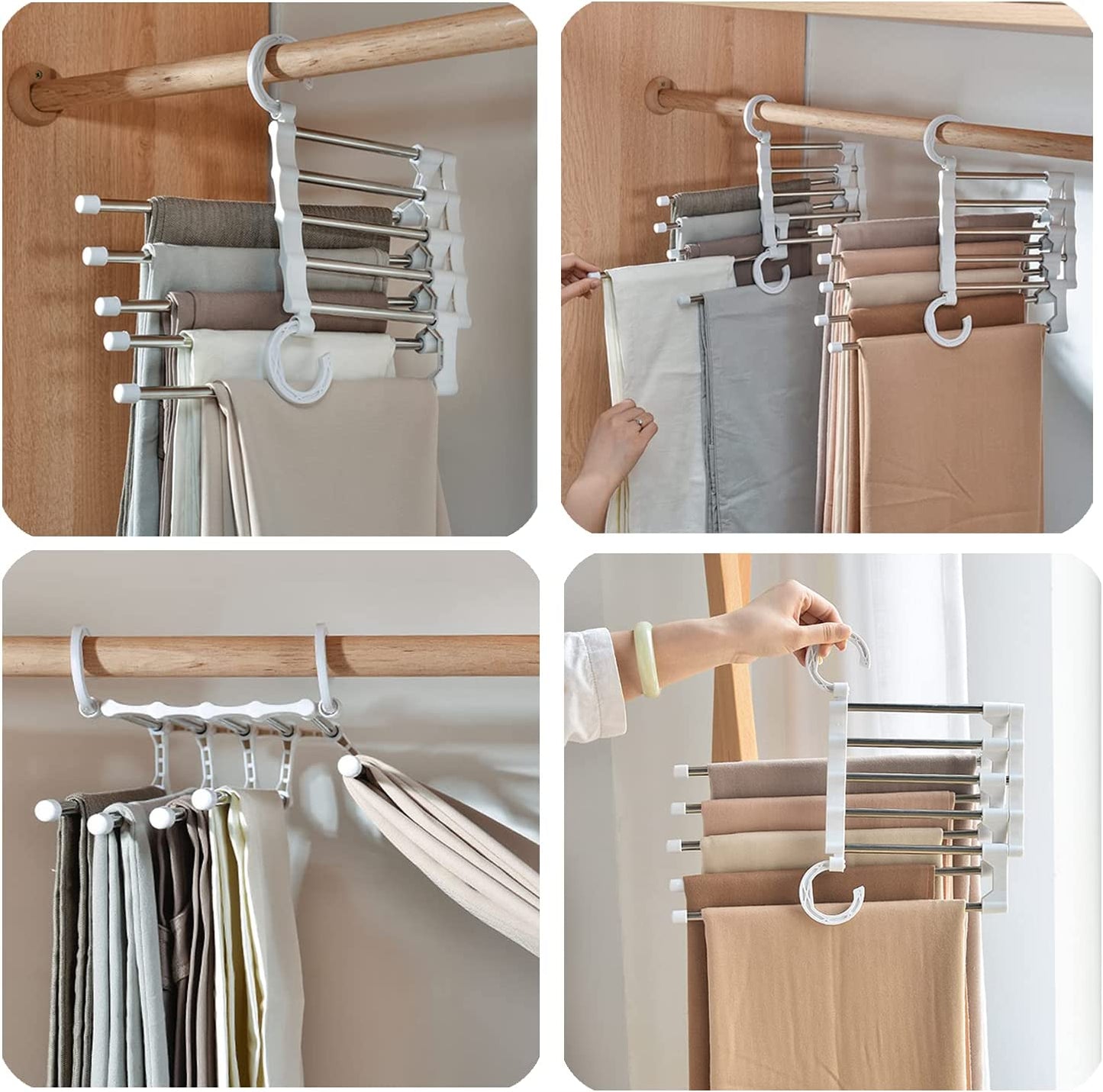 4 Pack Stainless Steel Adjustable 5 in 1 Pants Hangers Non-Slip Space Saving for Home Storage