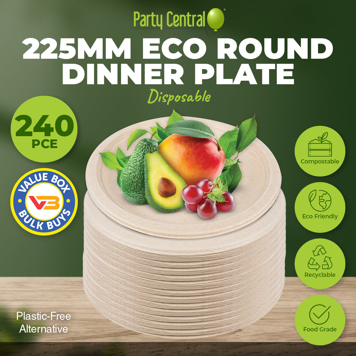 Party Central 240PCE Dinner Plate Round Eco-Friendly Strong Recyclable 22.5cm