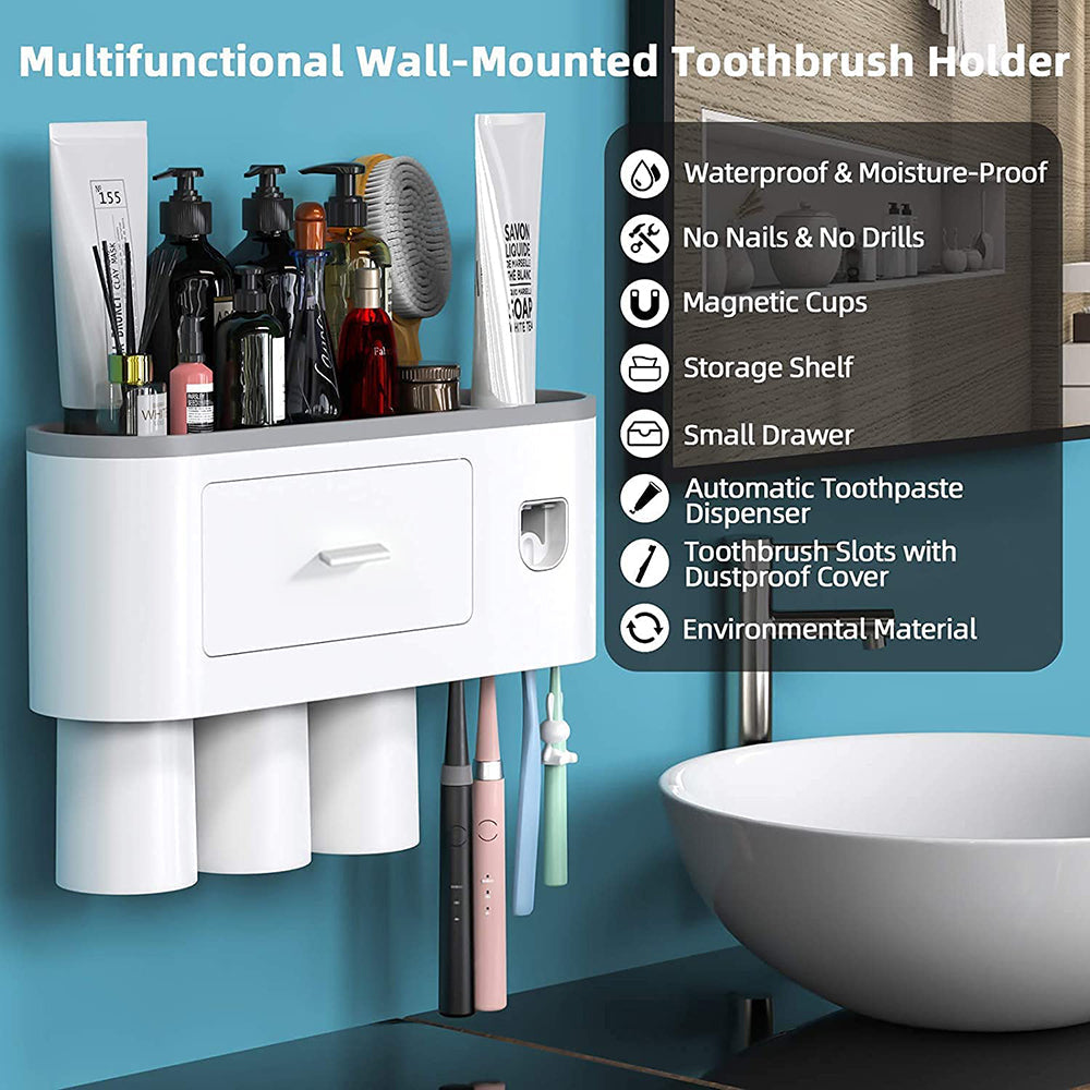 Toothbrush Holders with 3-4 Cups Automatic Toothpaste Dispenser Kit(3 Cups 1 Drawer)