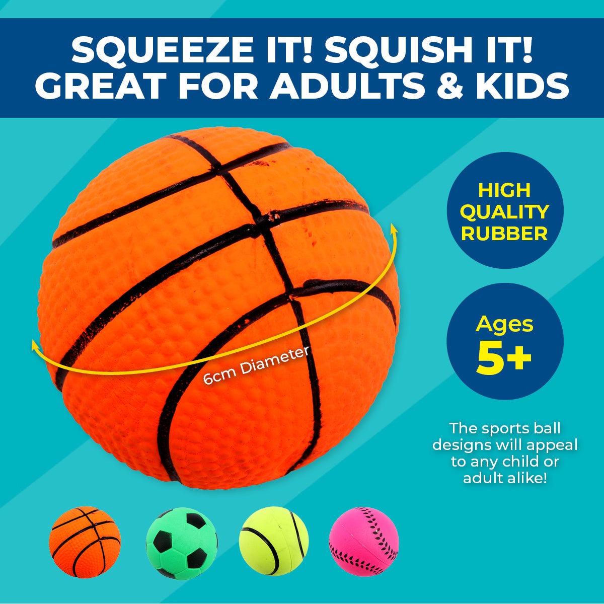 Party Central 24PCE Sports Stress Balls High Quality Rubber Soft Toy 6cm