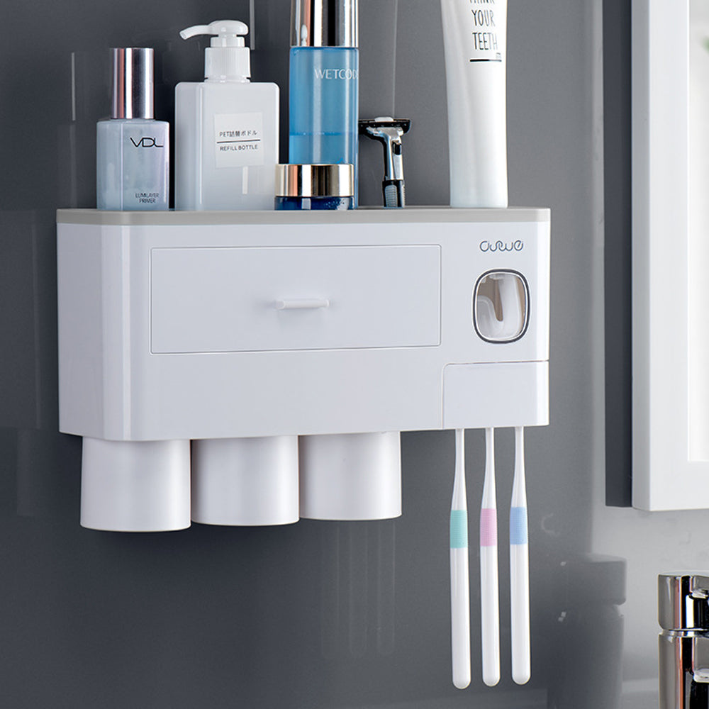 Toothbrush Holders with 3-4 Cups Automatic Toothpaste Dispenser Kit(3 Cups 1 Drawer)