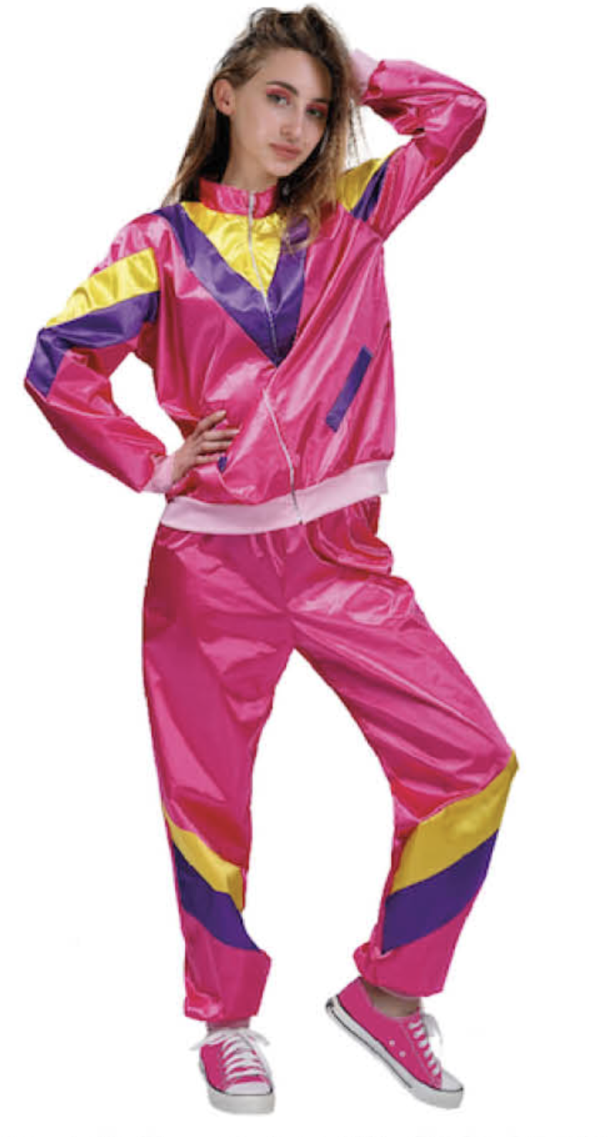 Ladies 80s Height Of Fashion Tracksuit 1980s Party Retro Disco Neon Costume - Pink-1