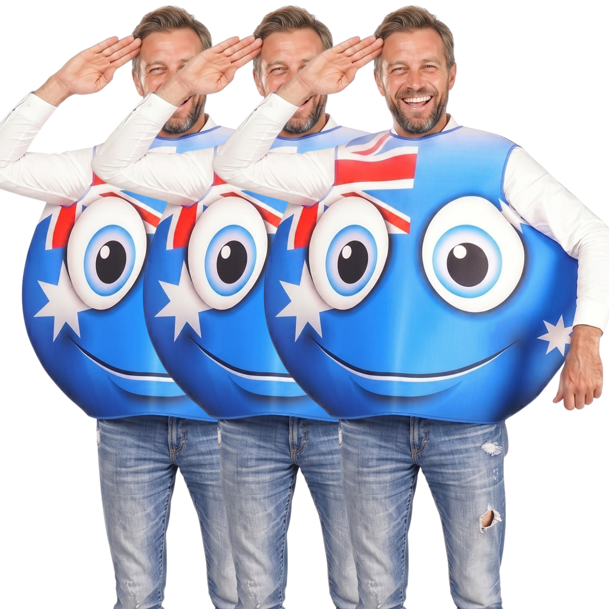 3x Adult Australian Smile Costume – Fun Australia Day Tunic with Flag & Smiley Face