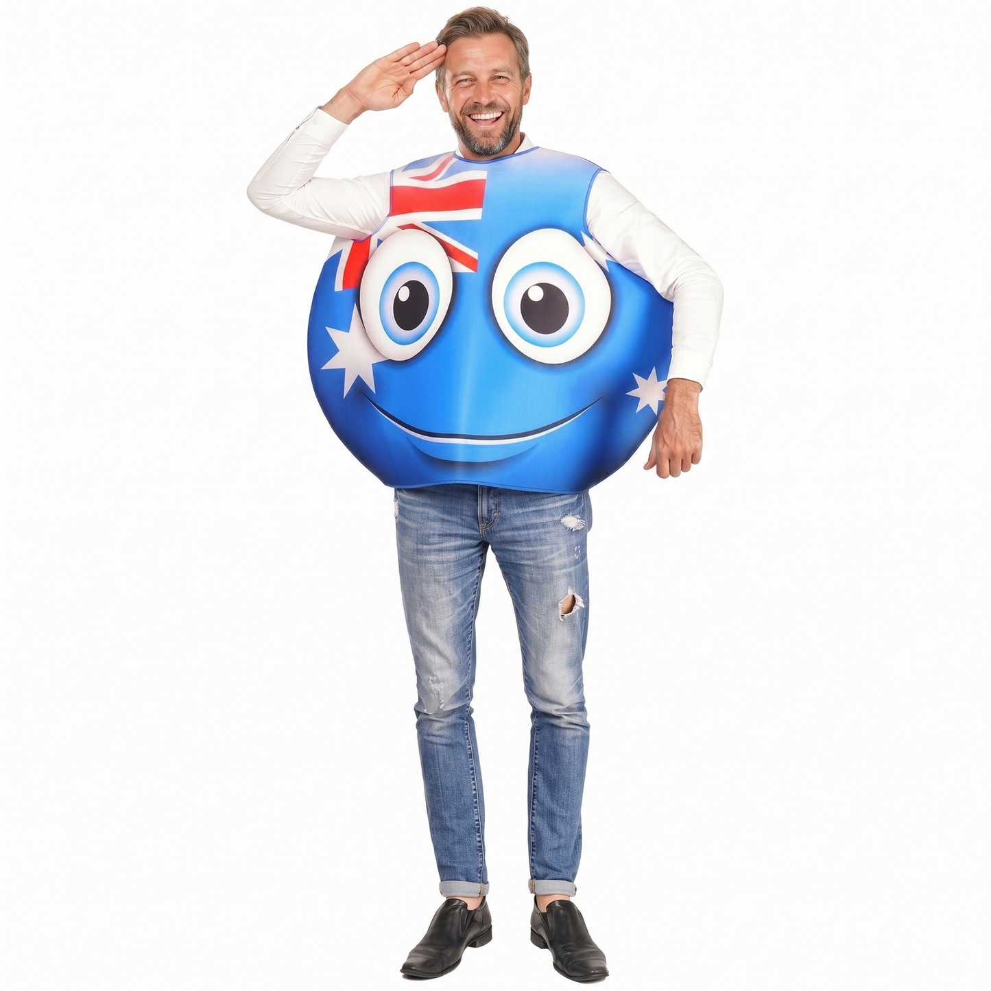 Adult Australian Smile Costume – Fun Australia Day Tunic with Flag & Smiley Face