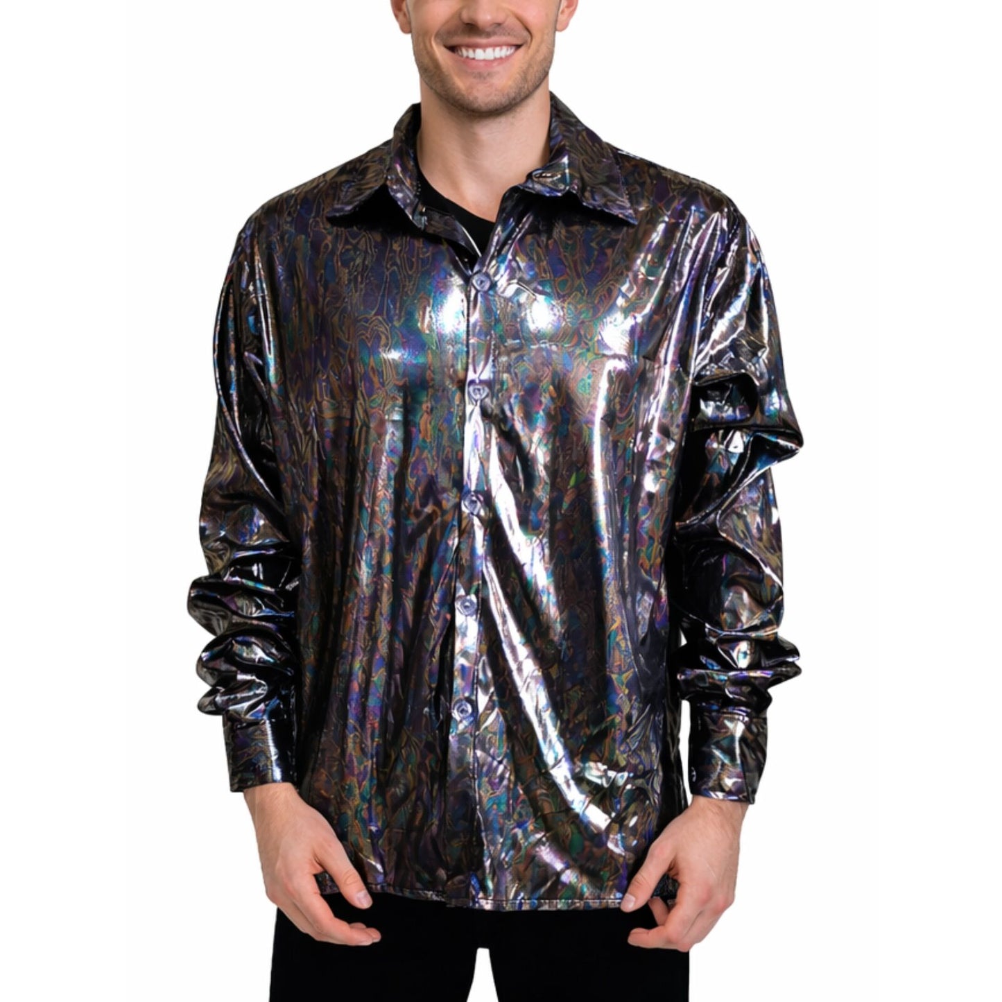 Mens 70s Disco Shirt Costume Metallic Long Sleeve Party Outfit One Size - Black