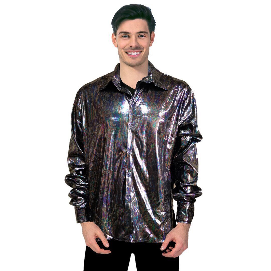 Mens 70s Disco Shirt Costume Metallic Long Sleeve Party Outfit One Size - Black