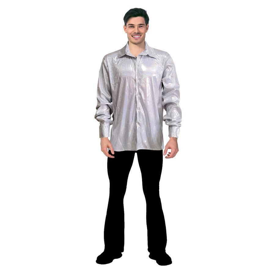 Mens 70s Disco Shirt Costume Metallic Long Sleeve Party Outfit One Size - Silver
