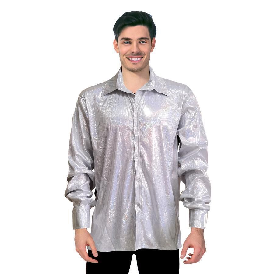 Mens 70s Disco Shirt Costume Metallic Long Sleeve Party Outfit One Size - Silver