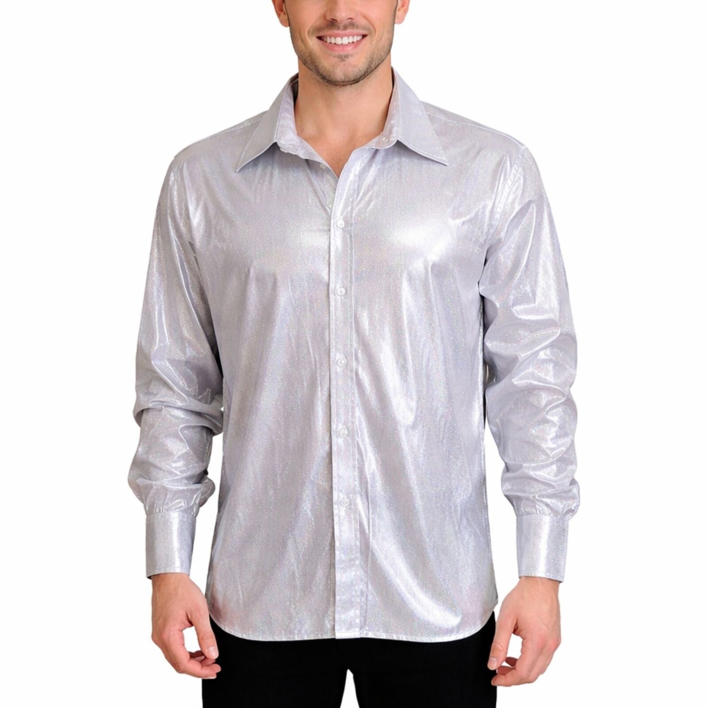 Mens 70s Disco Shirt Costume Metallic Long Sleeve Party Outfit One Size - Silver