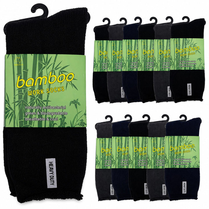 12 Pairs Bamboo Rich Mens Work Socks Thick Cushion Anti Odour - Assorted