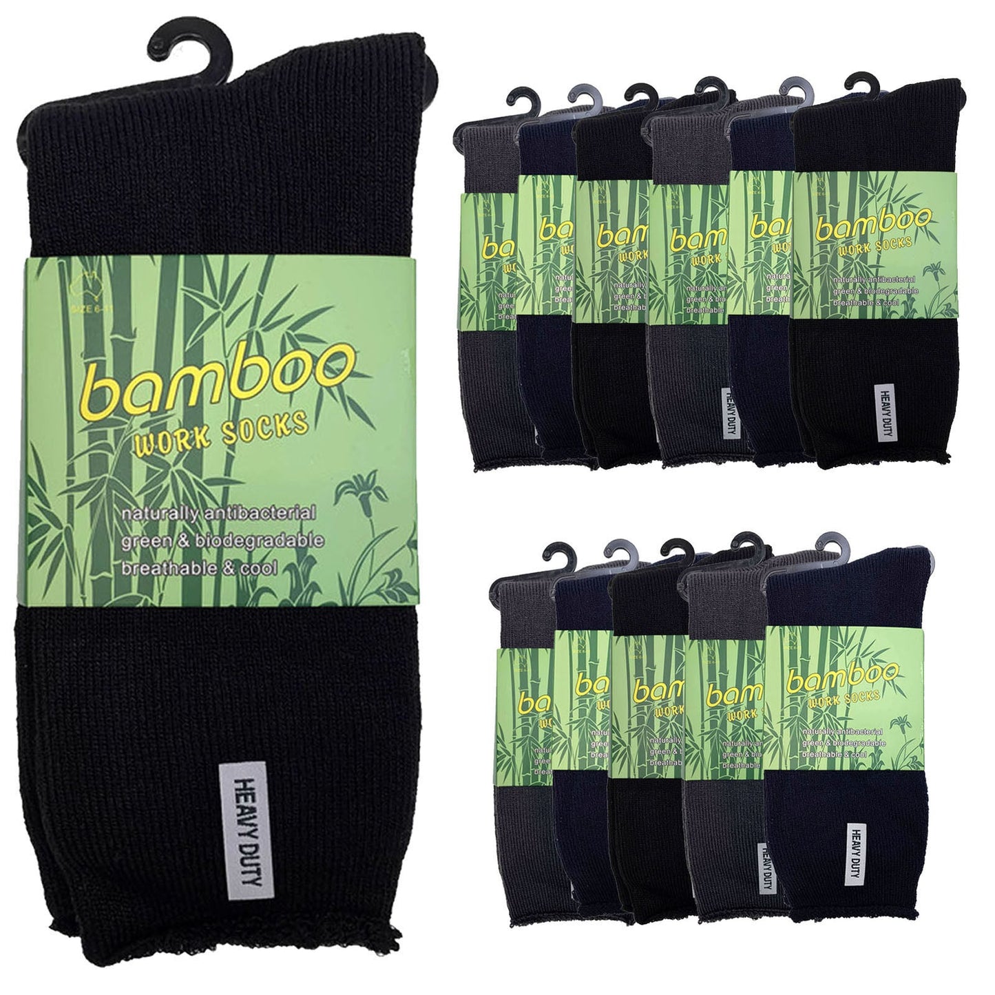 12 Pairs Bamboo Rich Mens Work Socks Thick Cushion Anti Odour - Assorted