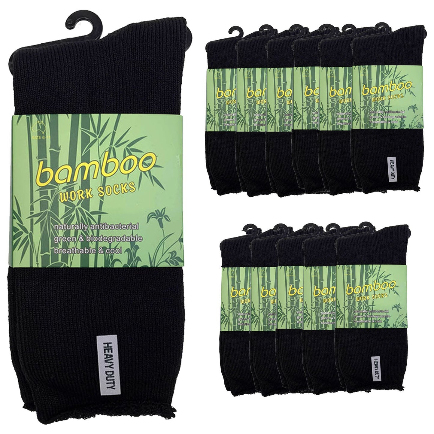 12 Pairs Bamboo Rich Mens Work Socks Thick Cushion Anti Odour - Black