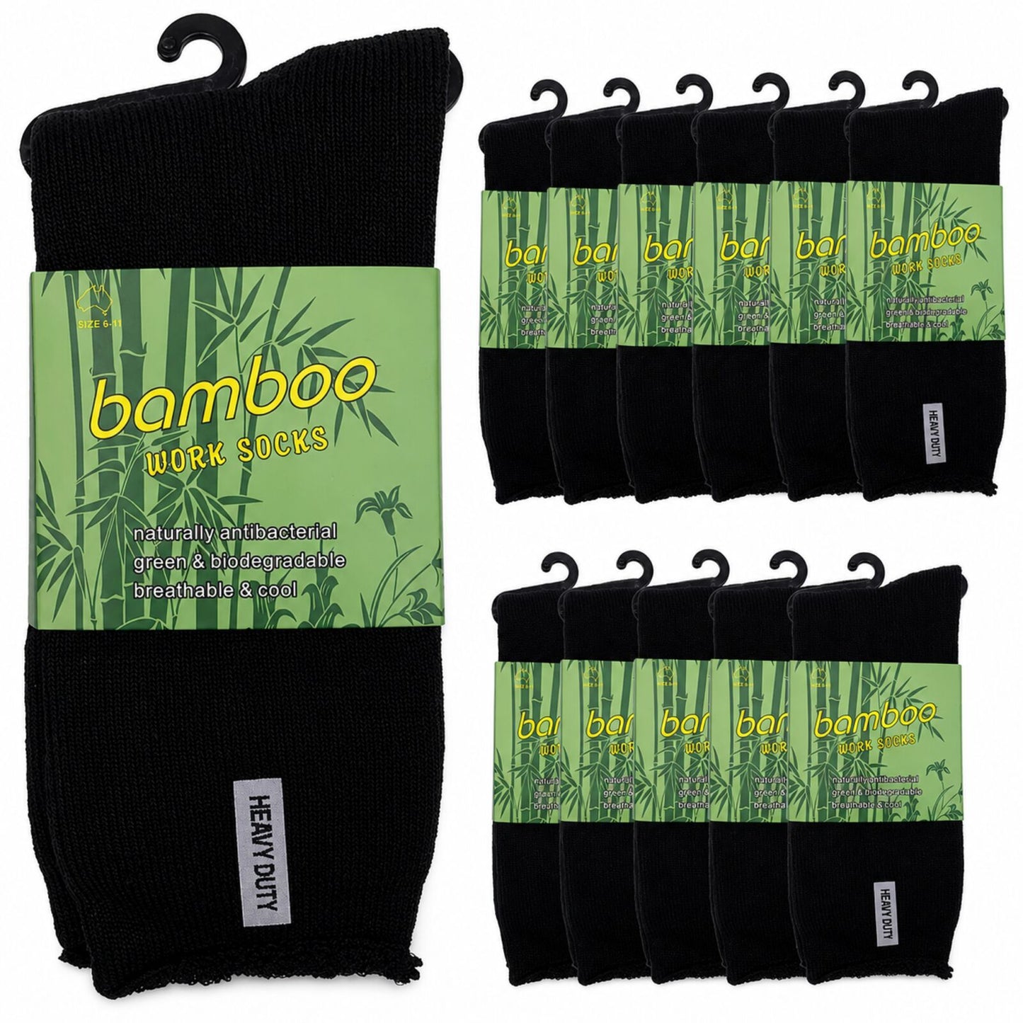 12 Pairs Bamboo Rich Mens Work Socks Thick Cushion Anti Odour - Black