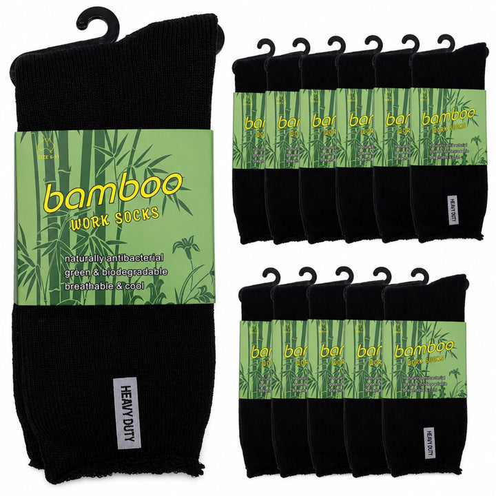 12 Pairs Bamboo Rich Mens Work Socks Thick Cushion Anti Odour - Black
