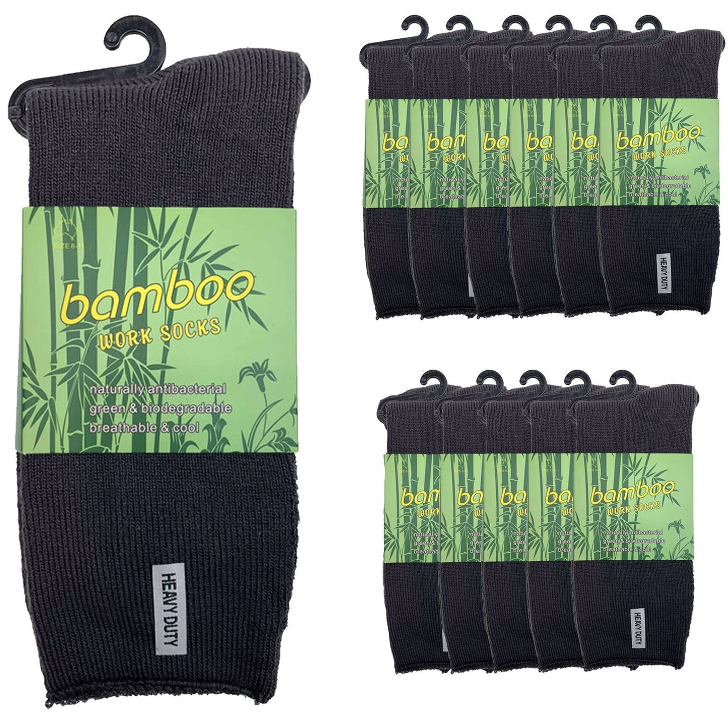 12 Pairs Bamboo Rich Mens Work Socks Thick Cushion Anti Odour - Charcoal Grey