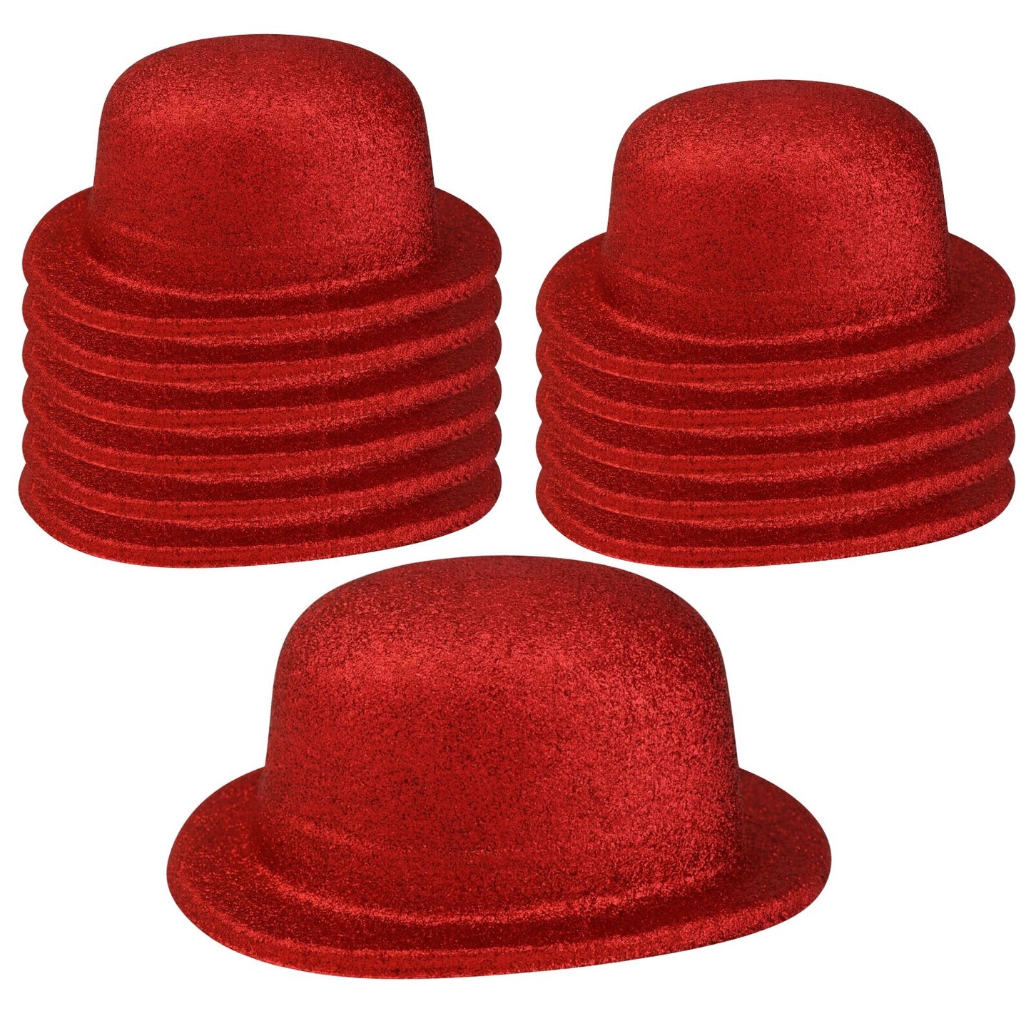 12x GLITTER BOWLER HAT Fancy Party Plastic Costume Cap Fun Dress Up Sparkle BULK - Red