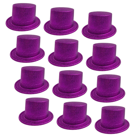 12x GLITTER TOP HAT Fancy Party Plastic Costume Tall Cap Fun Dress Up BULK - Purple-0