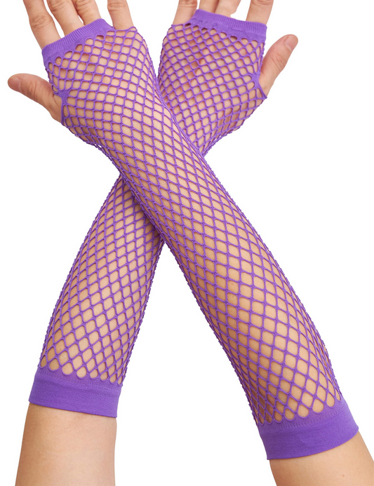 12x Long Elbow Length Fishnet Gloves Fingerless 70s 80s Womens Costume Party Bulk in Purple