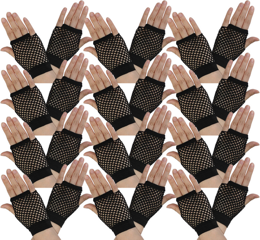 12 Pair Fishnet Gloves Fingerless Wrist Length 70s 80s Costume Party - Black-0