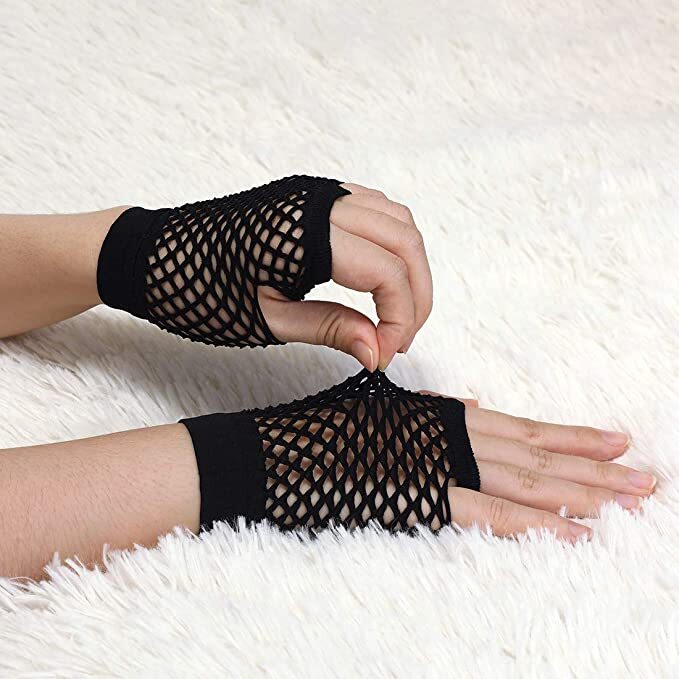 12 Pair Fishnet Gloves Fingerless Wrist Length 70s 80s Costume Party - Black-3