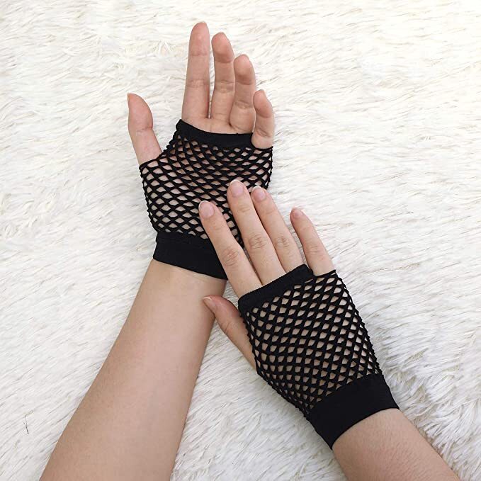 12 Pair Fishnet Gloves Fingerless Wrist Length 70s 80s Costume Party - Black-2