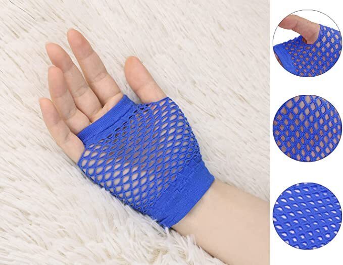 12 Pair Fishnet Gloves Fingerless Wrist Length 70s 80s Costume Party Bulk - Blue-2