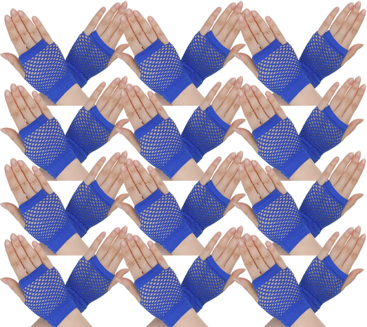 12 Pair Fishnet Gloves Fingerless Wrist Length 70s 80s Costume Party Bulk - Blue-0