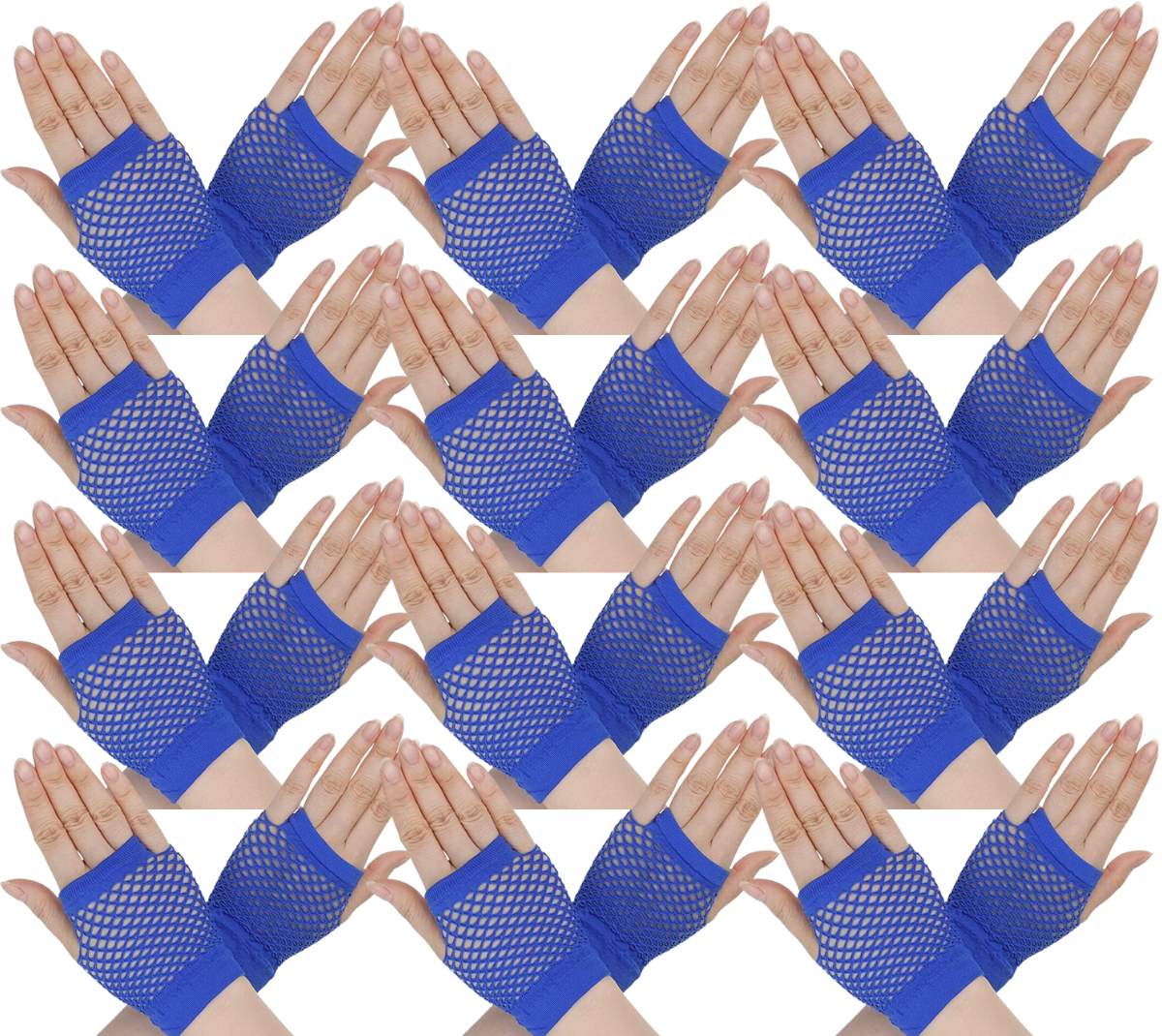 12 Pair Fishnet Gloves Fingerless Wrist Length 70s 80s Costume Party Bulk - Blue-1