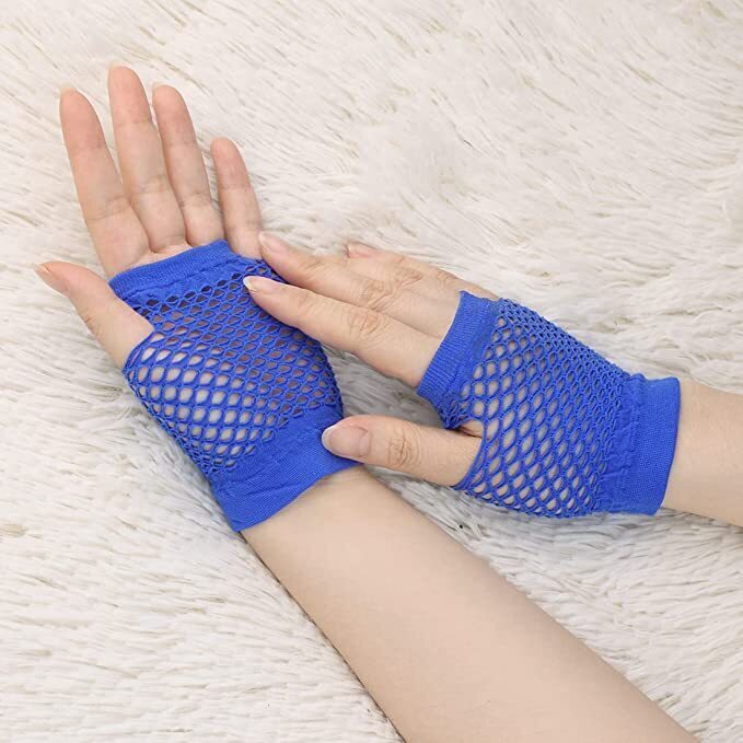 12 Pair Fishnet Gloves Fingerless Wrist Length 70s 80s Costume Party Bulk - Blue-4
