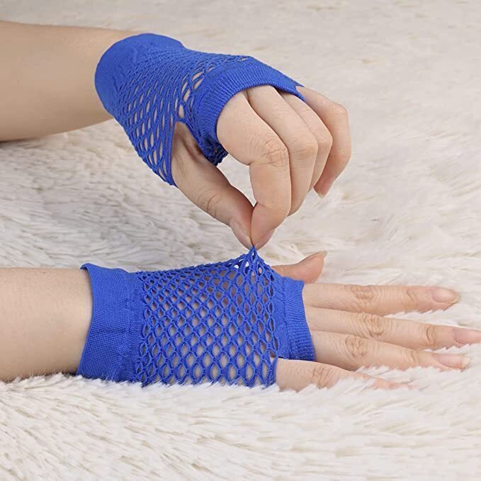 12 Pair Fishnet Gloves Fingerless Wrist Length 70s 80s Costume Party Bulk - Blue-3