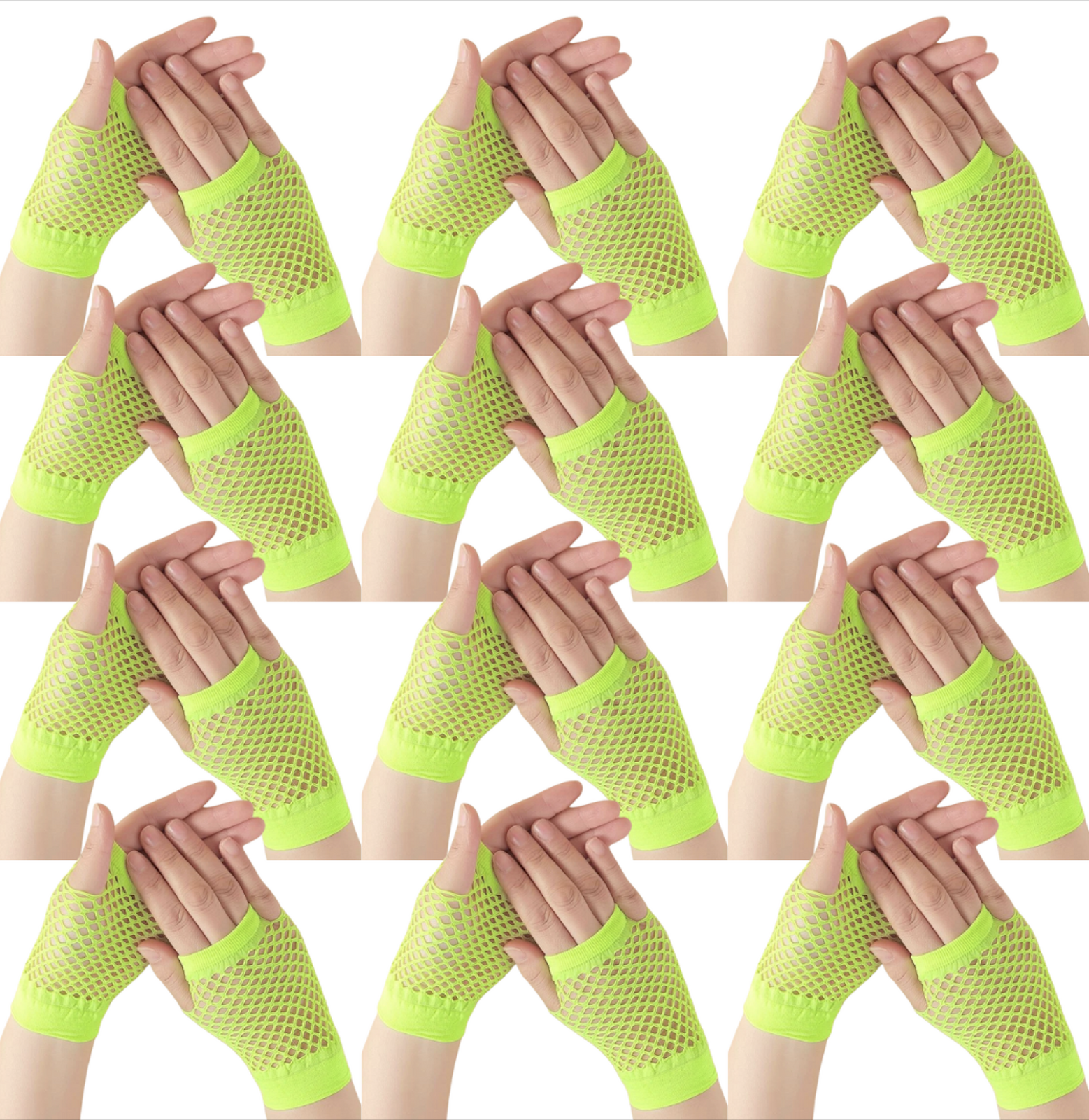 12 Pair Fishnet Gloves Fingerless Wrist Length 70s 80s Costume Party - Fluro Yellow-0