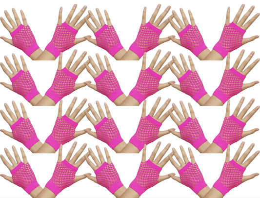 12 Pair Fishnet Gloves Fingerless Wrist Length 70s 80s Costume Party - Hot Pink-0