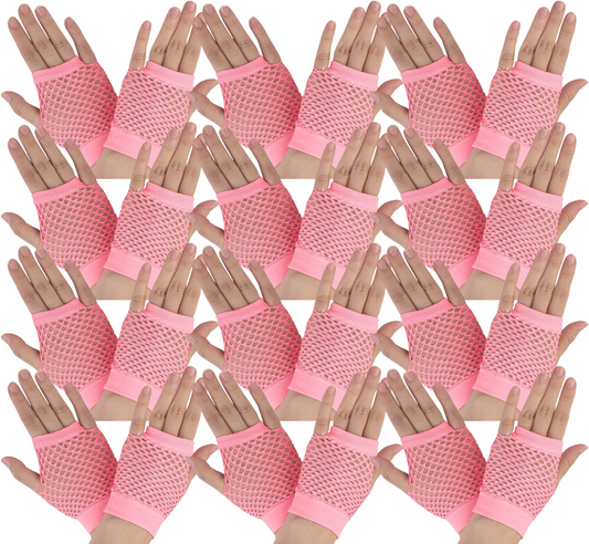 12 Pair Fishnet Gloves Fingerless Wrist Length 70s 80s Costume Party -Light Pink-0