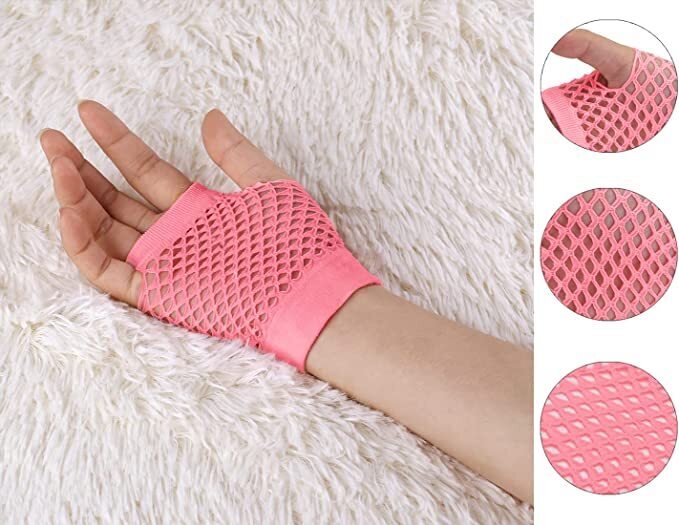 12 Pair Fishnet Gloves Fingerless Wrist Length 70s 80s Costume Party -Light Pink-4