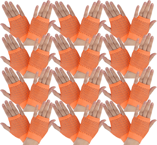 12 Pair Fishnet Gloves Fingerless Wrist Length 70s 80s Costume Party - Orange-0