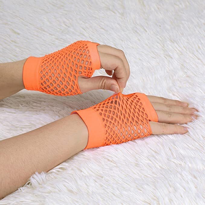 12 Pair Fishnet Gloves Fingerless Wrist Length 70s 80s Costume Party - Orange-3