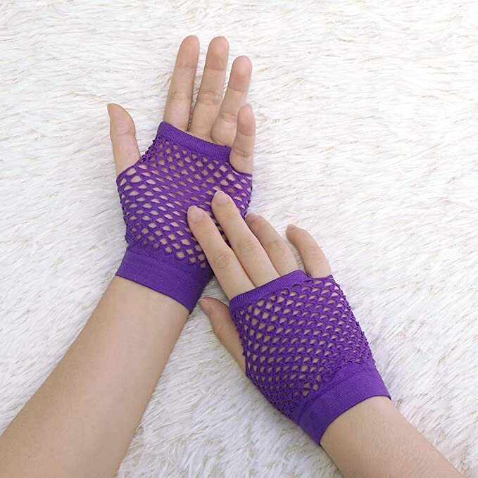 12 Pair Fishnet Gloves Fingerless Wrist Length 70s 80s Costume Party - Purple-3